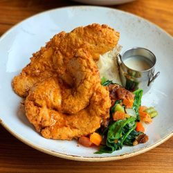 Lazy dog chicken fried dinner ordered buttermilk dipped hand