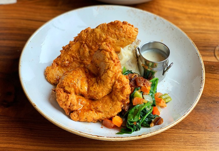 Lazy dog chicken fried dinner ordered buttermilk dipped hand